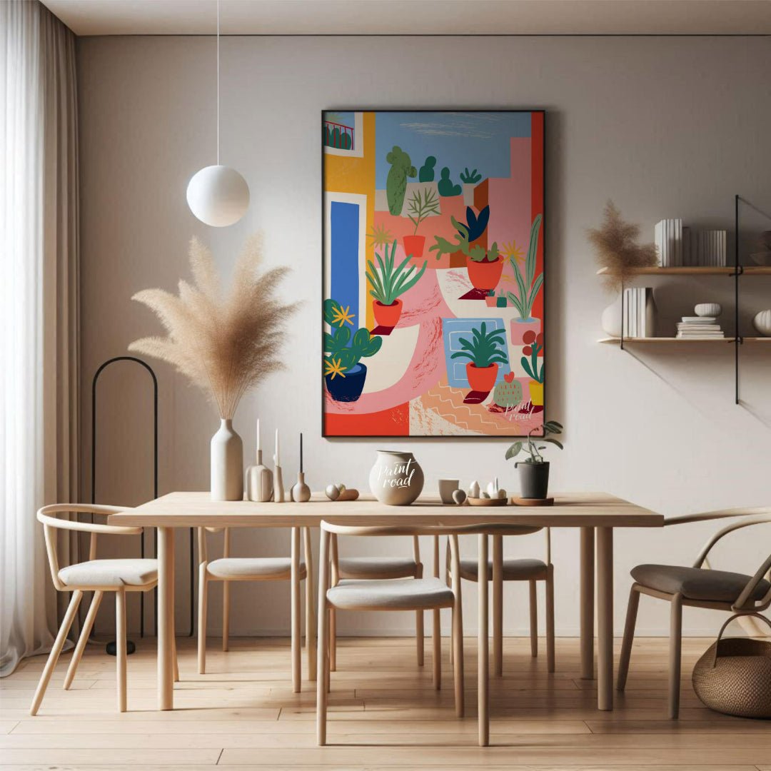 This vibrant digital illustration captures an urban garden scene with stylized potted plants and ca… for dining room