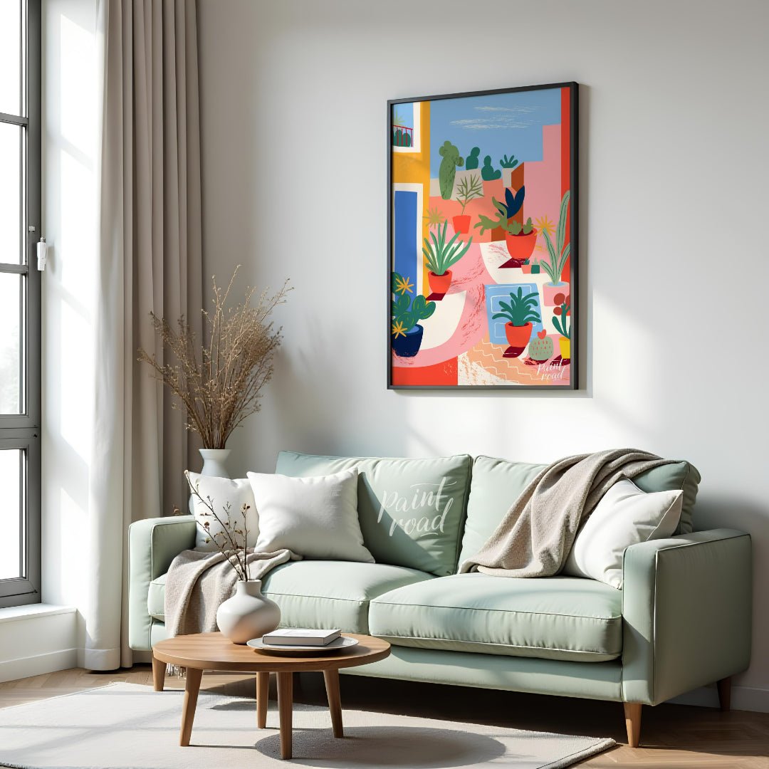 This vibrant digital illustration captures an urban garden scene with stylized potted plants and ca… for living room
