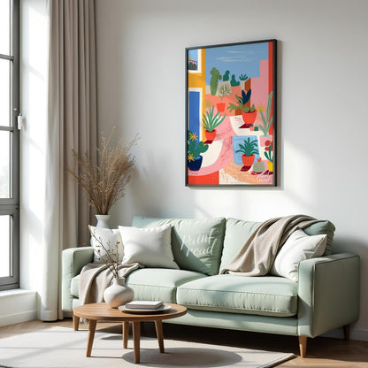 This vibrant digital illustration captures an urban garden scene with stylized potted plants and ca… for living room