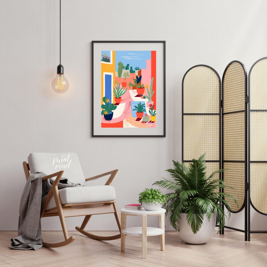 This vibrant digital illustration captures an urban garden scene with stylized potted plants and ca… for living room