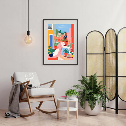 This vibrant digital illustration captures an urban garden scene with stylized potted plants and ca… for living room