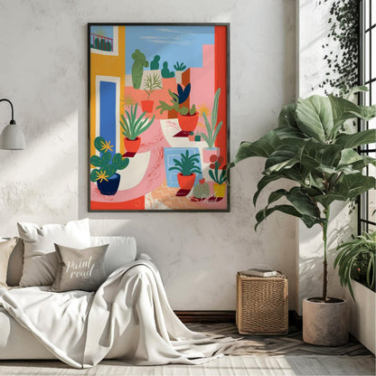 This vibrant digital illustration captures an urban garden scene with stylized potted plants and ca… for living room