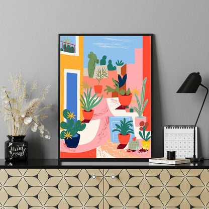 This vibrant digital illustration captures an urban garden scene with stylized potted plants and ca… for office