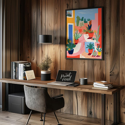 This vibrant digital illustration captures an urban garden scene with stylized potted plants and ca… for office