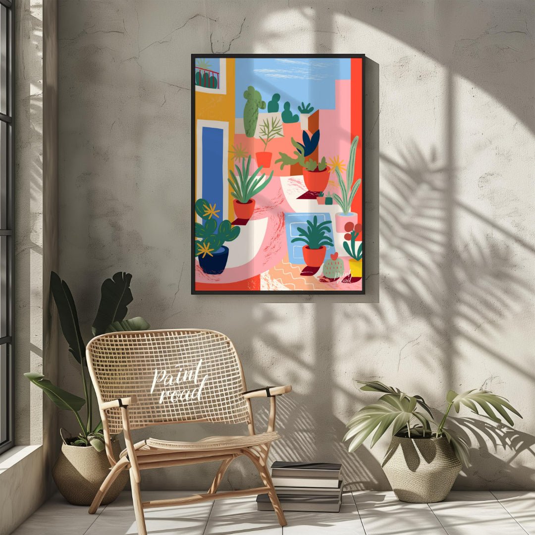 This vibrant digital illustration captures an urban garden scene with stylized potted plants and ca… for other