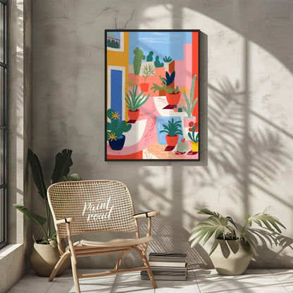 This vibrant digital illustration captures an urban garden scene with stylized potted plants and ca… for other