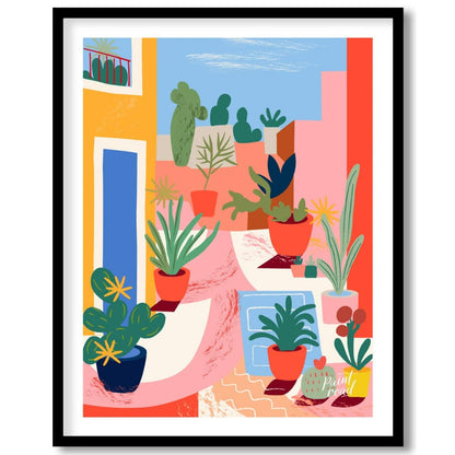 This vibrant digital illustration captures an urban garden scene with stylized potted plants and ca… for place