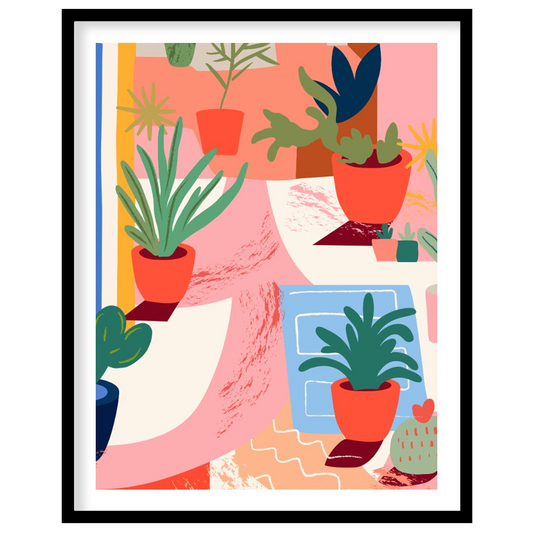 This vibrant digital illustration captures an urban garden scene with stylized potted plants and ca… for place