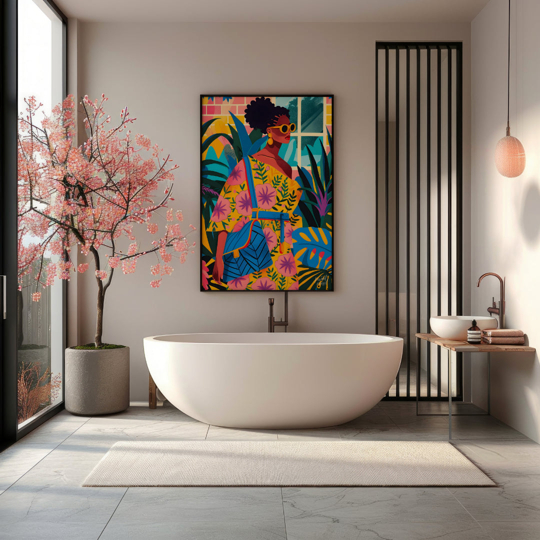 A vibrant and dynamic illustration of a stylish woman strolling through a lush urban jungle. The ar… for bathroom