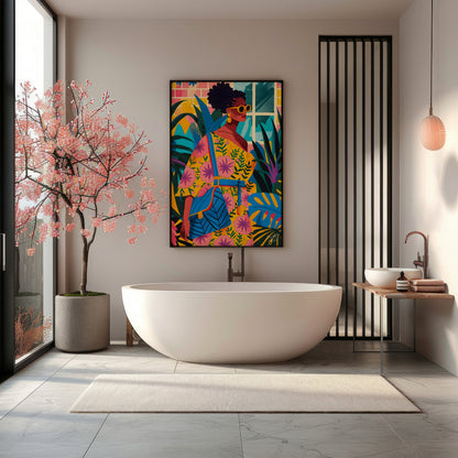 A vibrant and dynamic illustration of a stylish woman strolling through a lush urban jungle. The ar… for bathroom