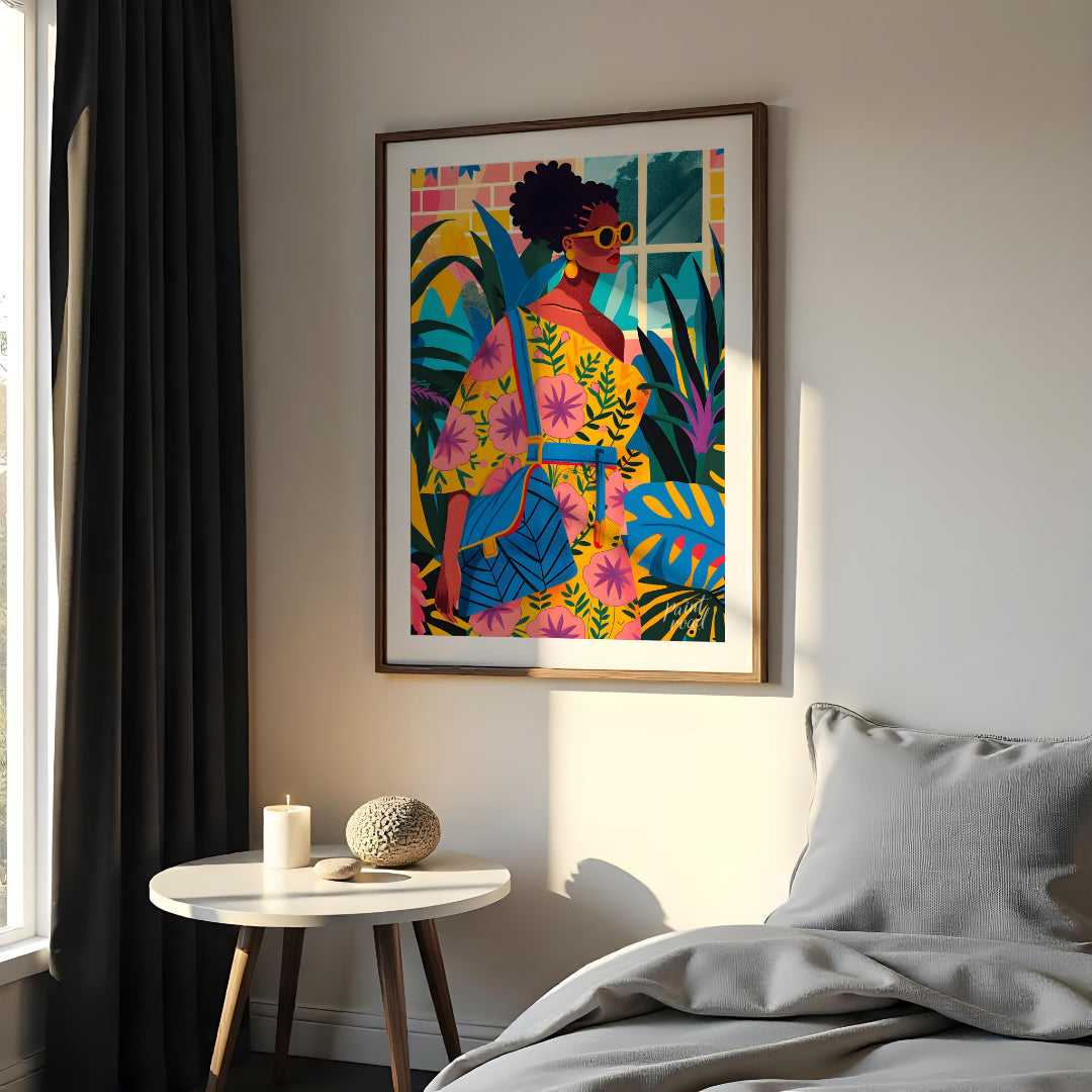 A vibrant and dynamic illustration of a stylish woman strolling through a lush urban jungle. The ar… for bedroom