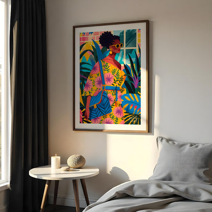 A vibrant and dynamic illustration of a stylish woman strolling through a lush urban jungle. The ar… for bedroom