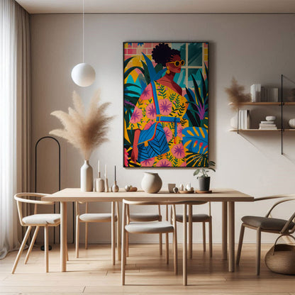 A vibrant and dynamic illustration of a stylish woman strolling through a lush urban jungle. The ar… for dining room