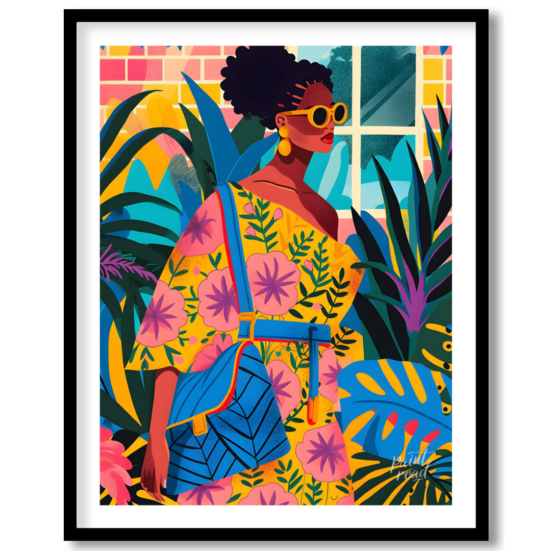 A vibrant and dynamic illustration of a stylish woman strolling through a lush urban jungle. The ar… for house