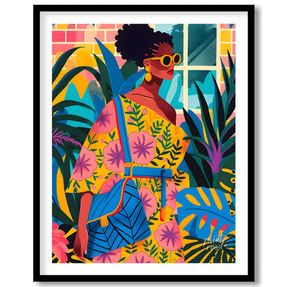 A vibrant and dynamic illustration of a stylish woman strolling through a lush urban jungle. The ar… for house