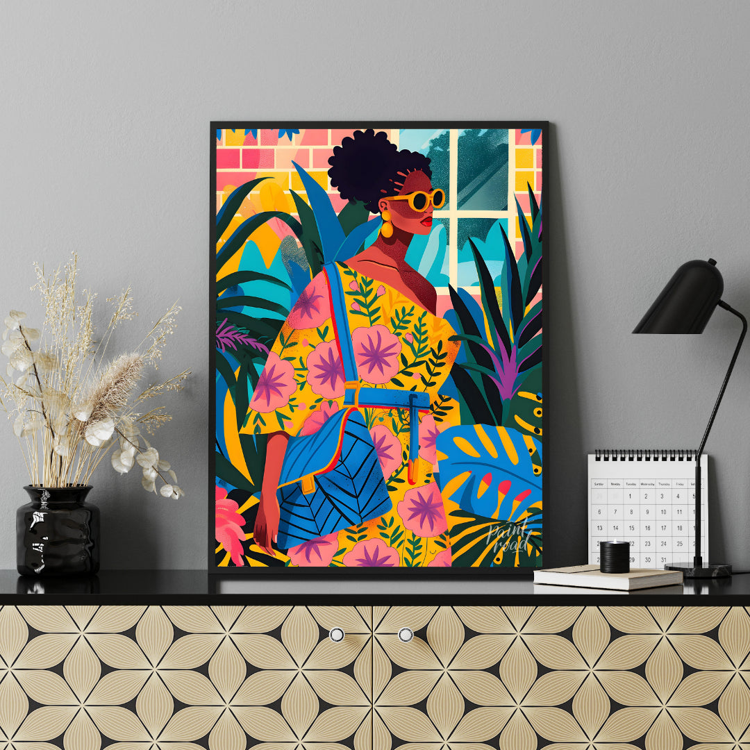 A vibrant and dynamic illustration of a stylish woman strolling through a lush urban jungle. The ar… for living room