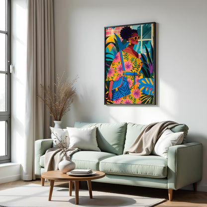 A vibrant and dynamic illustration of a stylish woman strolling through a lush urban jungle. The ar… for living room