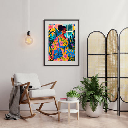 A vibrant and dynamic illustration of a stylish woman strolling through a lush urban jungle. The ar… for living room