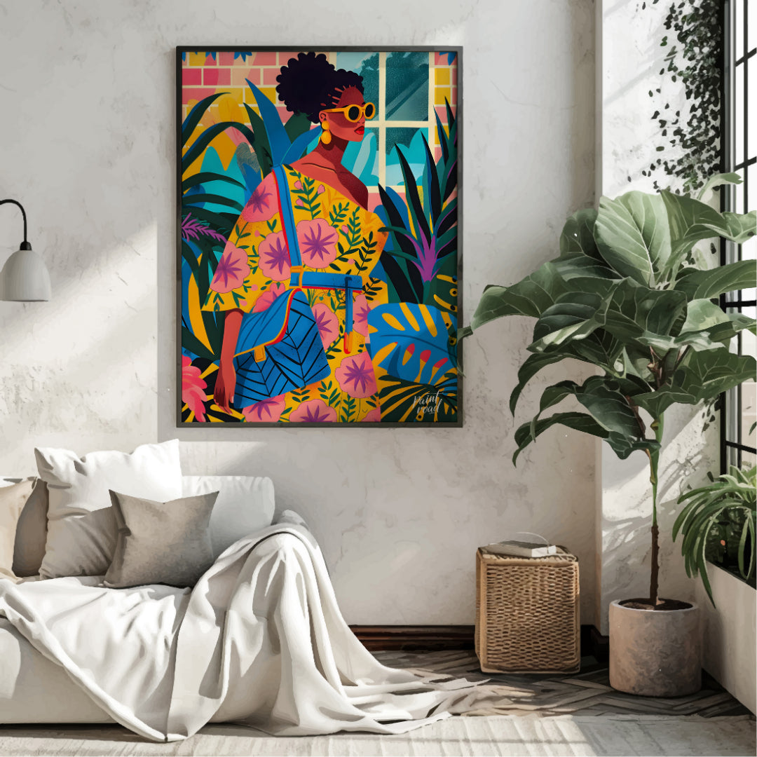 A vibrant and dynamic illustration of a stylish woman strolling through a lush urban jungle. The ar… for living room
