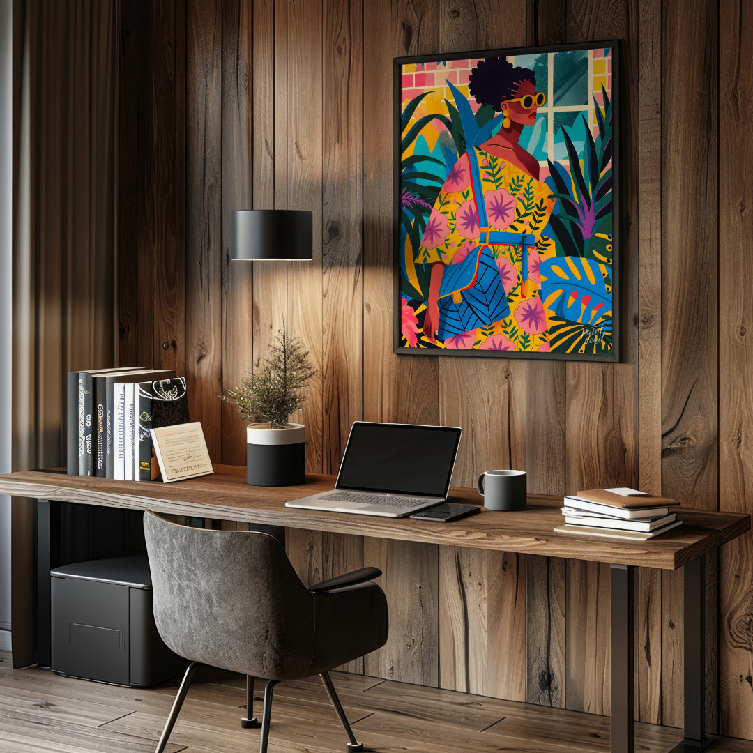 A vibrant and dynamic illustration of a stylish woman strolling through a lush urban jungle. The ar… for office