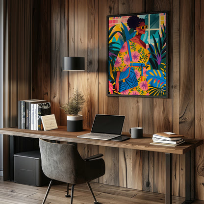 A vibrant and dynamic illustration of a stylish woman strolling through a lush urban jungle. The ar… for office