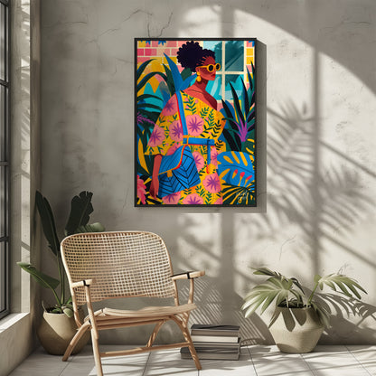 A vibrant and dynamic illustration of a stylish woman strolling through a lush urban jungle. The ar… for other
