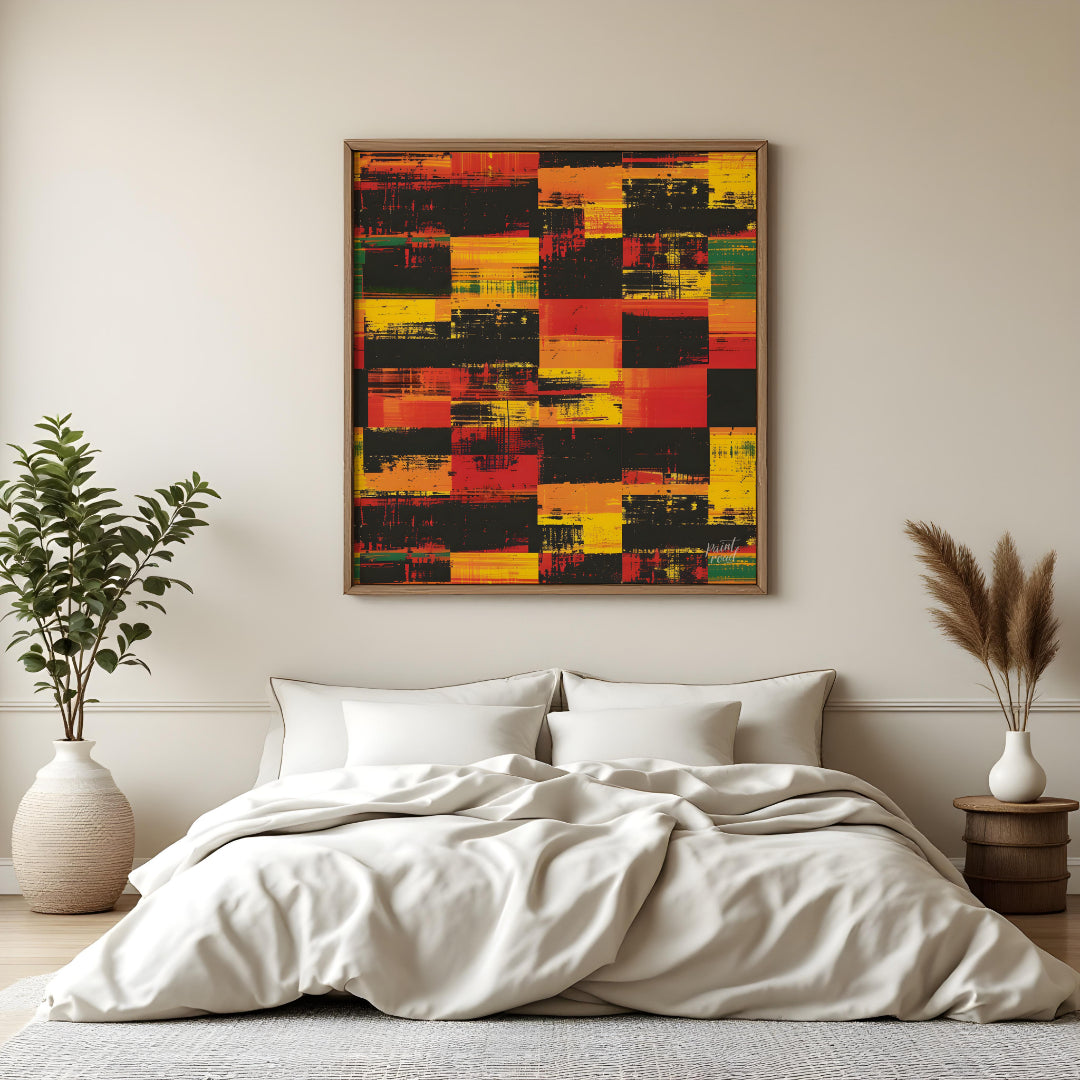 A vibrant and dynamic abstract artwork featuring a bold interplay of colors and textures. The artis… for bedroom