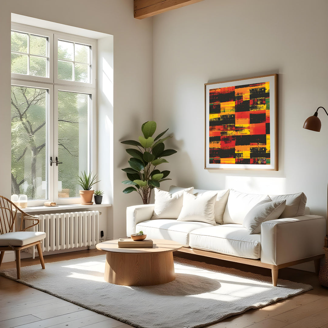 A vibrant and dynamic abstract artwork featuring a bold interplay of colors and textures. The artis… for living room