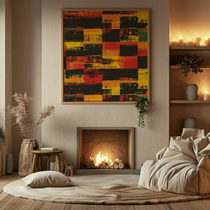 A vibrant and dynamic abstract artwork featuring a bold interplay of colors and textures. The artis… for living room
