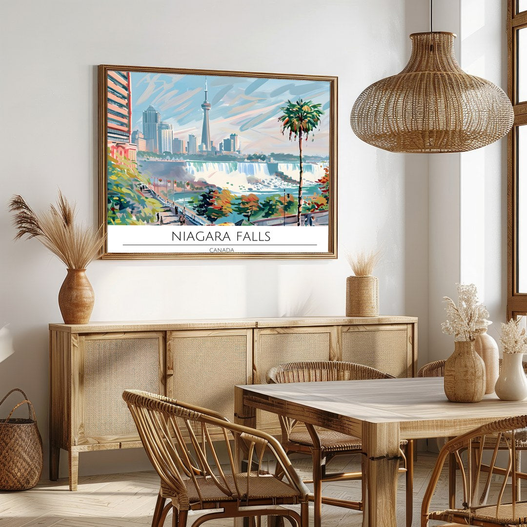 Experience the vibrant fusion of urban architecture and natural beauty with this stunning artwork. for Dining
