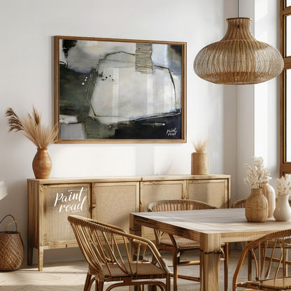 """Urban Scrawl"" presents a dynamic abstract composition with a raw, textural quality. The artwork… for dining room