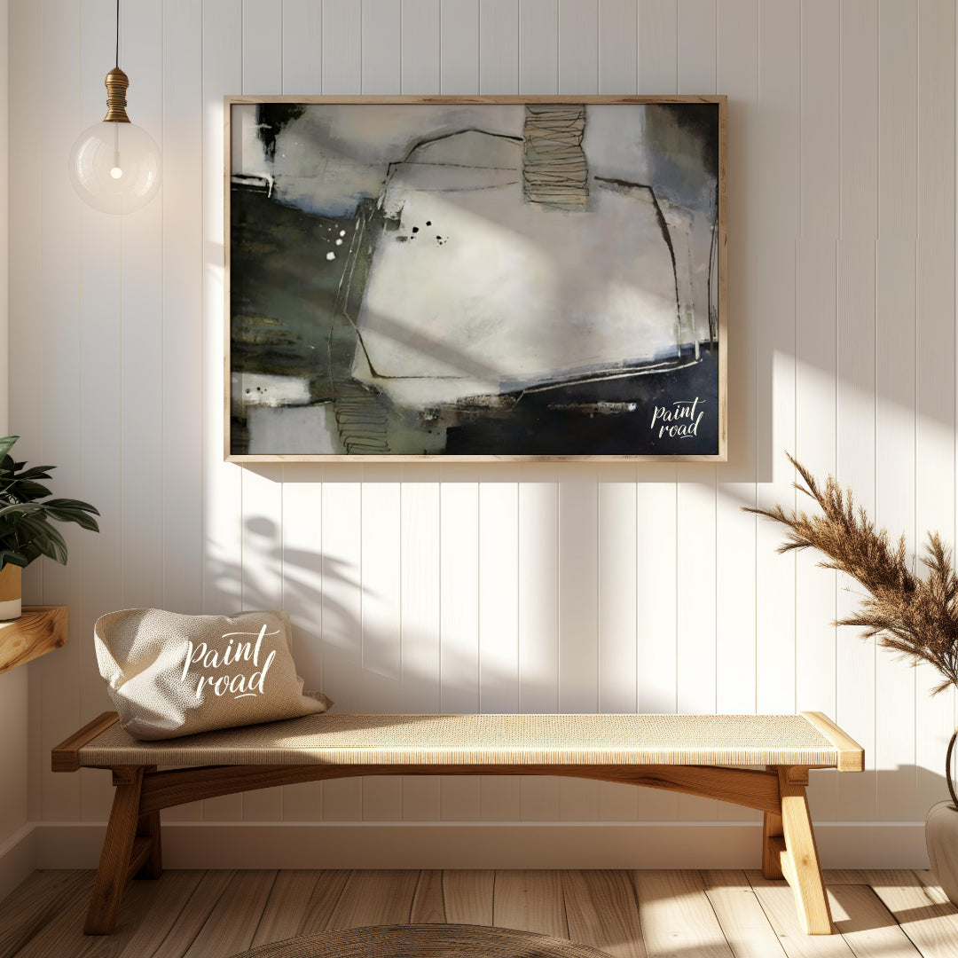 """Urban Scrawl"" presents a dynamic abstract composition with a raw, textural quality. The artwork… for entryway