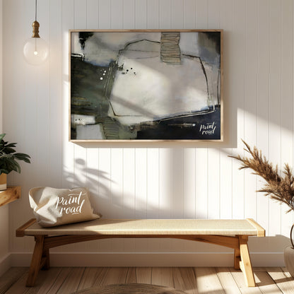 """Urban Scrawl"" presents a dynamic abstract composition with a raw, textural quality. The artwork… for entryway