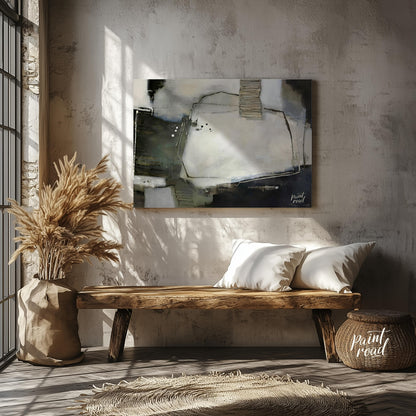 """Urban Scrawl"" presents a dynamic abstract composition with a raw, textural quality. The artwork… for entryway