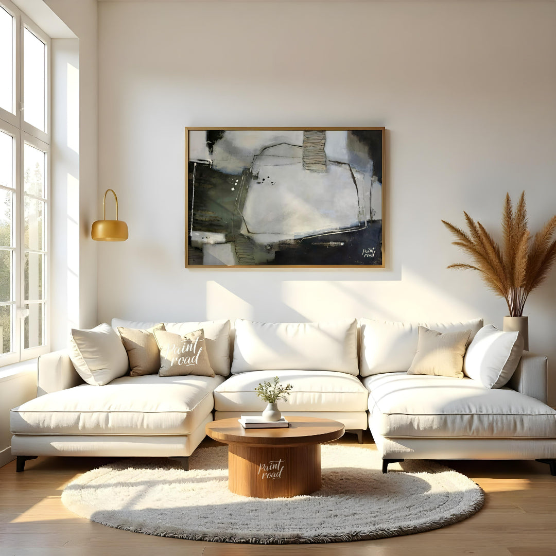 """Urban Scrawl"" presents a dynamic abstract composition with a raw, textural quality. The artwork… for living room