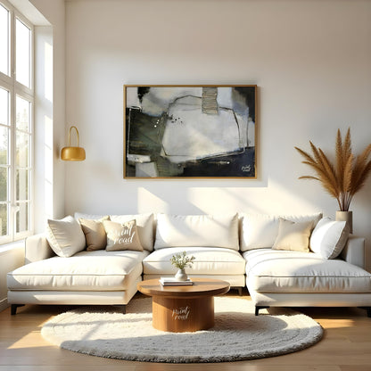 """Urban Scrawl"" presents a dynamic abstract composition with a raw, textural quality. The artwork… for living room