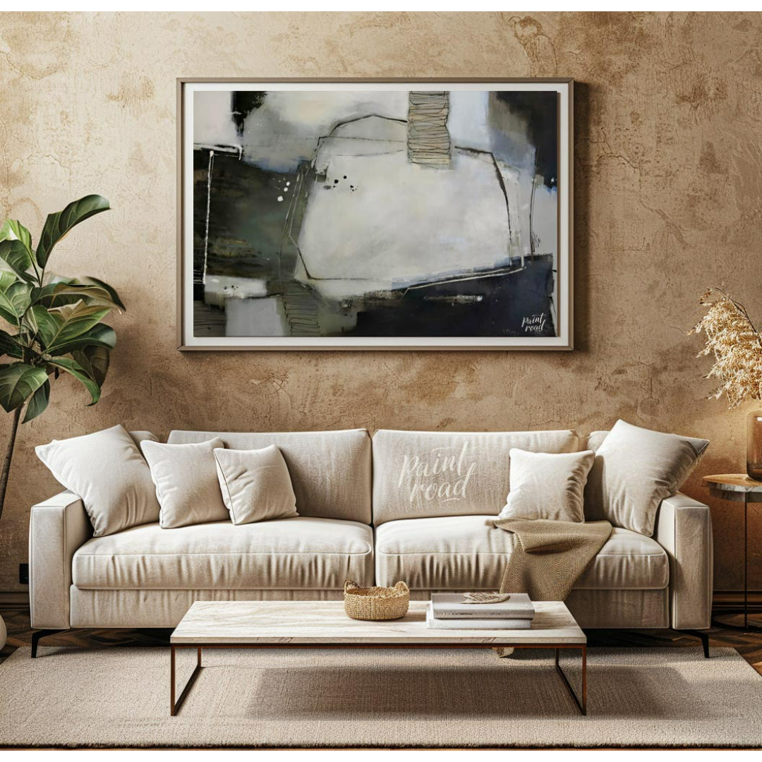 """Urban Scrawl"" presents a dynamic abstract composition with a raw, textural quality. The artwork… for living room