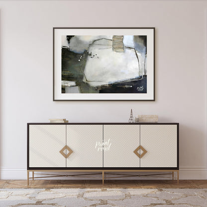 """Urban Scrawl"" presents a dynamic abstract composition with a raw, textural quality. The artwork… for living room