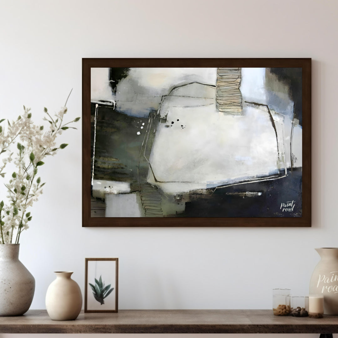 """Urban Scrawl"" presents a dynamic abstract composition with a raw, textural quality. The artwork… for living room