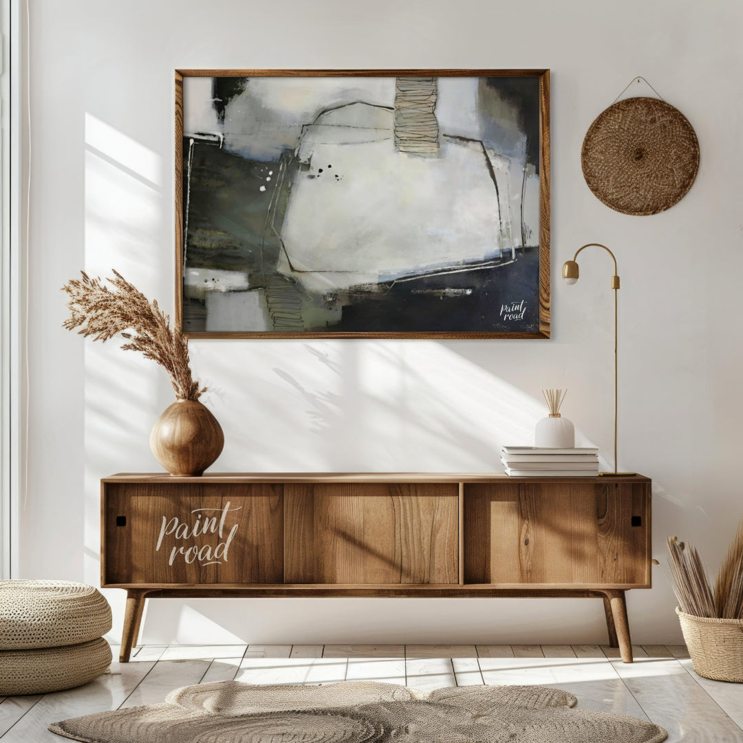 """Urban Scrawl"" presents a dynamic abstract composition with a raw, textural quality. The artwork… for living room