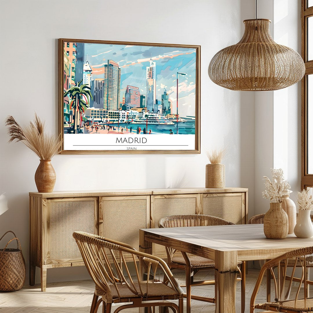 Capture the vibrant essence of Madrid with this captivating artwork showcasing the city's dynamic for Dining