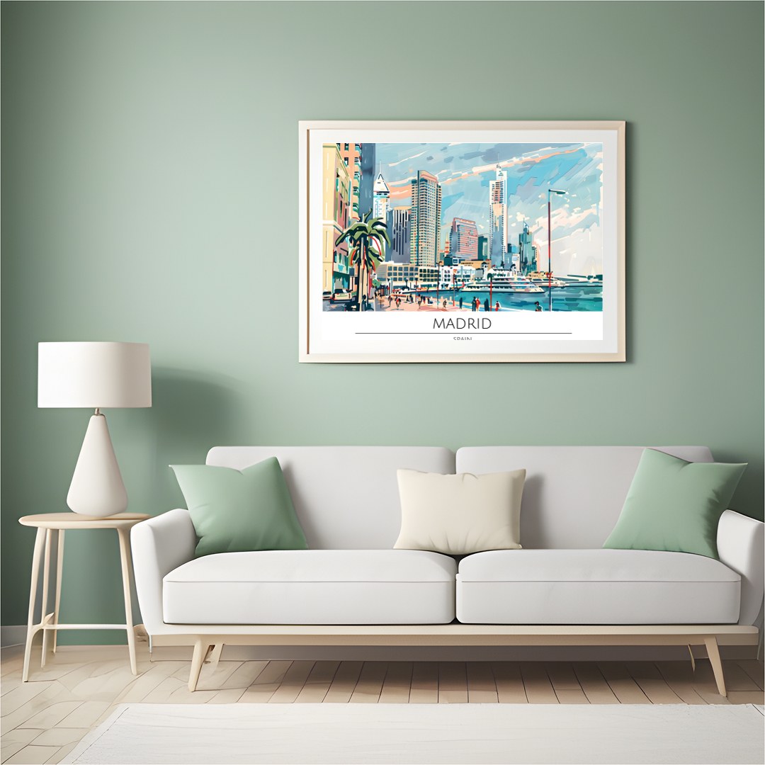 Capture the vibrant essence of Madrid with this captivating artwork showcasing the city's dynamic for Hall
