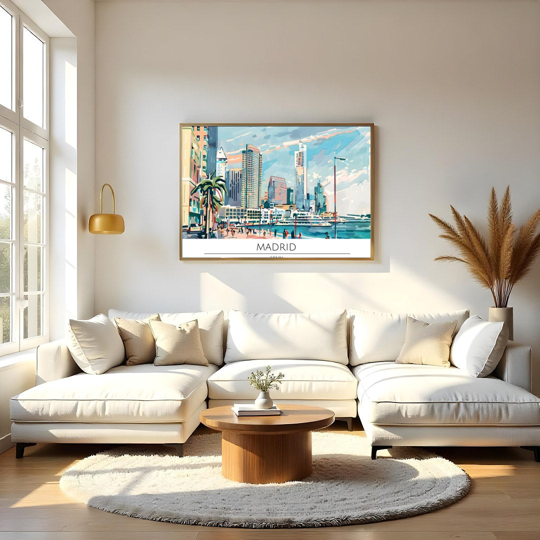 Capture the vibrant essence of Madrid with this captivating artwork showcasing the city's dynamic for Living Room