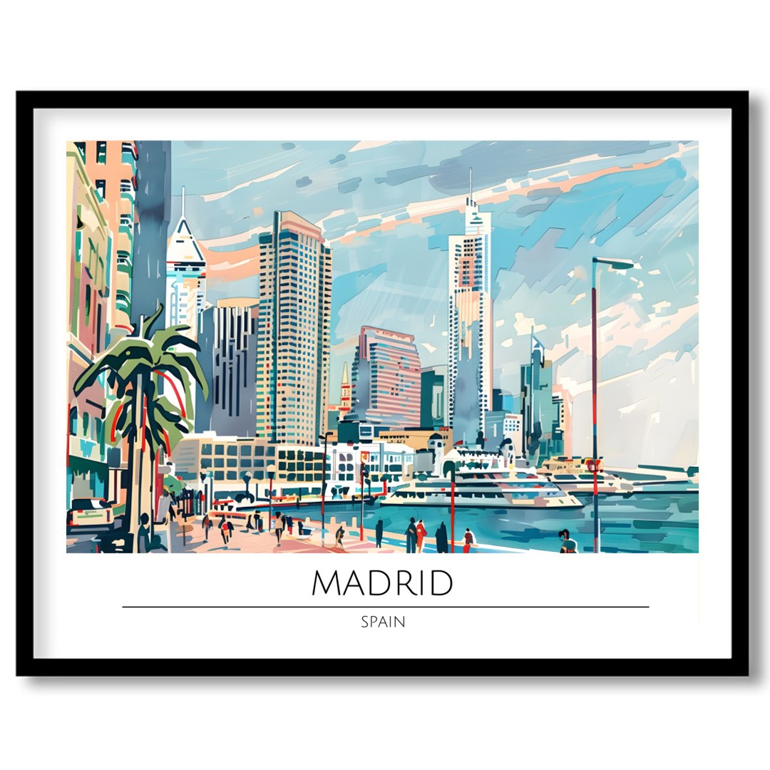 Capture the vibrant essence of Madrid with this captivating artwork showcasing the city's dynamic for residence