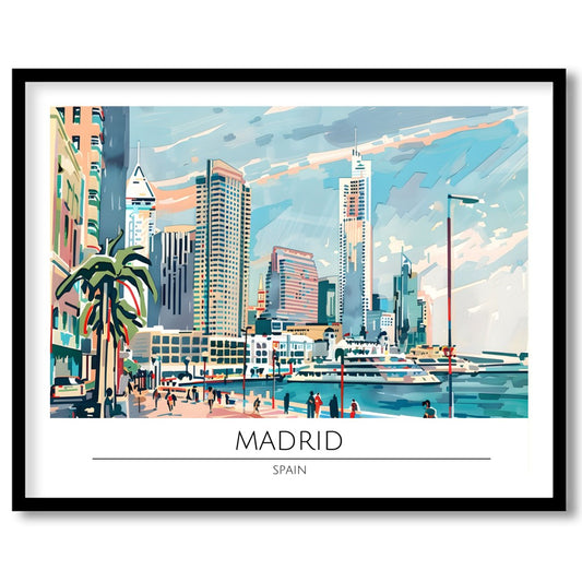 Capture the vibrant essence of Madrid with this captivating artwork showcasing the city's dynamic for residence