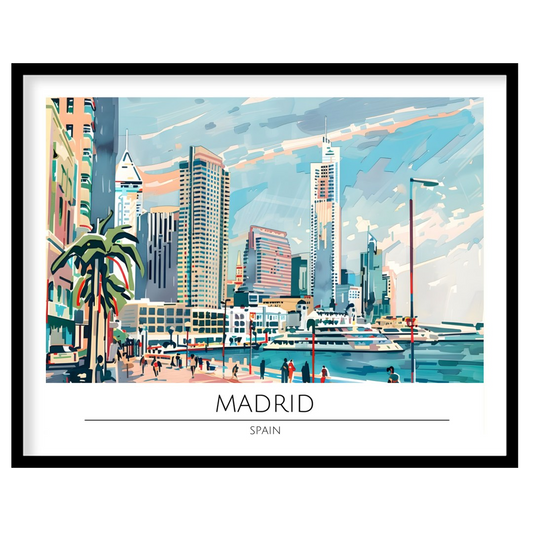 Capture the vibrant essence of Madrid with this captivating artwork showcasing the city's dynamic for residence