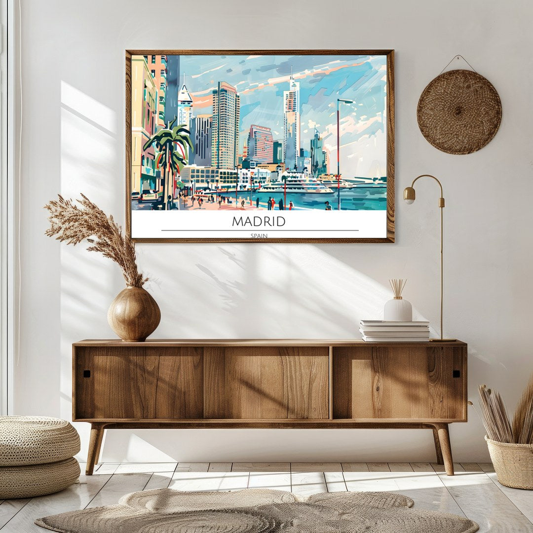 Capture the vibrant essence of Madrid with this captivating artwork showcasing the city's dynamic for Sitting Area