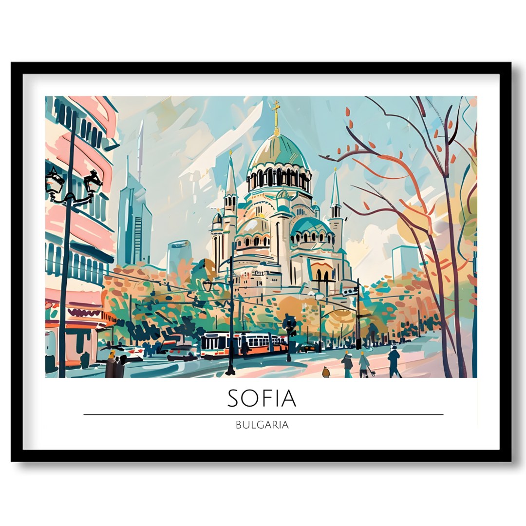 Capture the serene elegance of Sofia in this vibrant wall art piece. The lively cityscape features for decor
