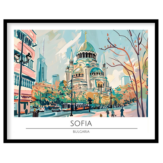 Capture the serene elegance of Sofia in this vibrant wall art piece. The lively cityscape features for decor