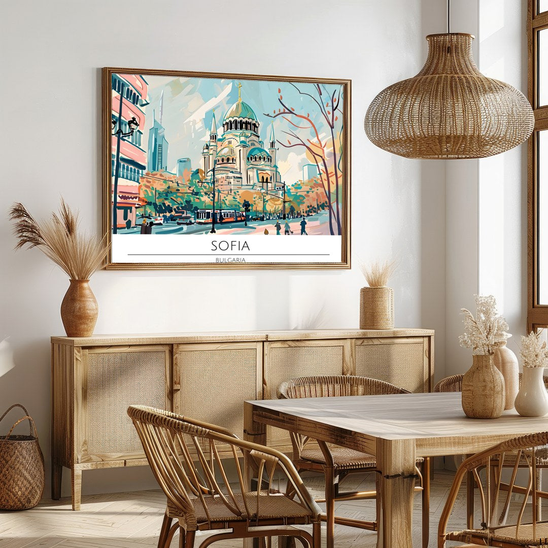 Capture the serene elegance of Sofia in this vibrant wall art piece. The lively cityscape features for Dining